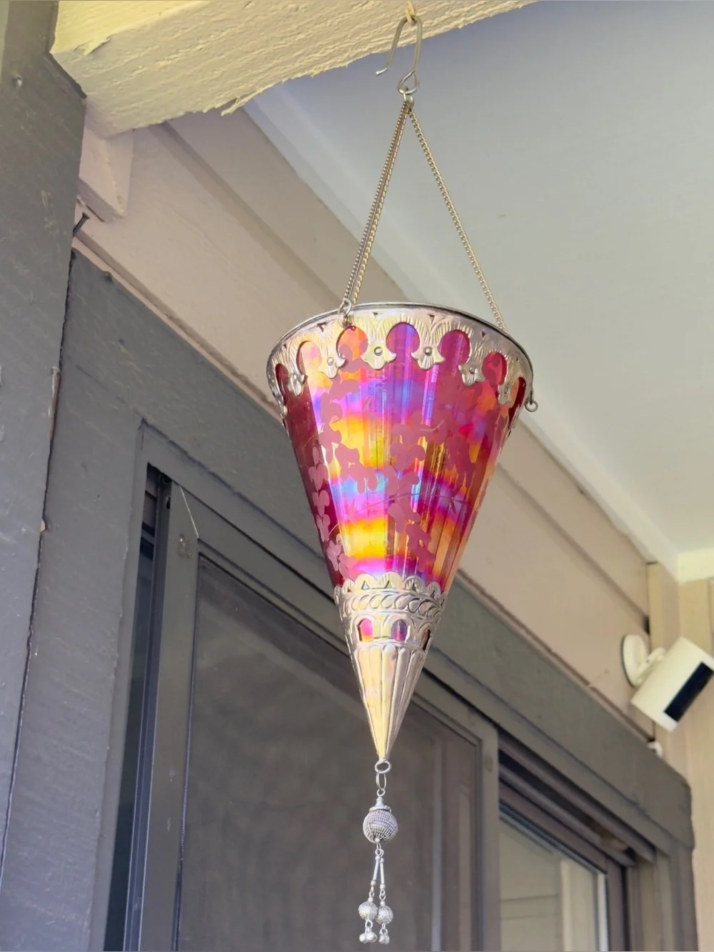 Irridescent Turkish Cut Glass Candle Pendant, Metal Framed Moroccan Lamp Lantern